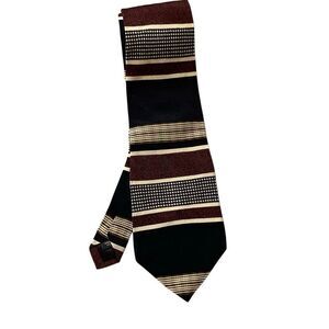 John Henry 100% Silk Tie Beige Black Burgundy Striped Made in USA Vintage NWT